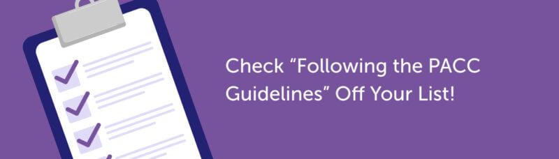clipboard graphic with "Check following the PACC Guidelines" off your list in white text on a purple background